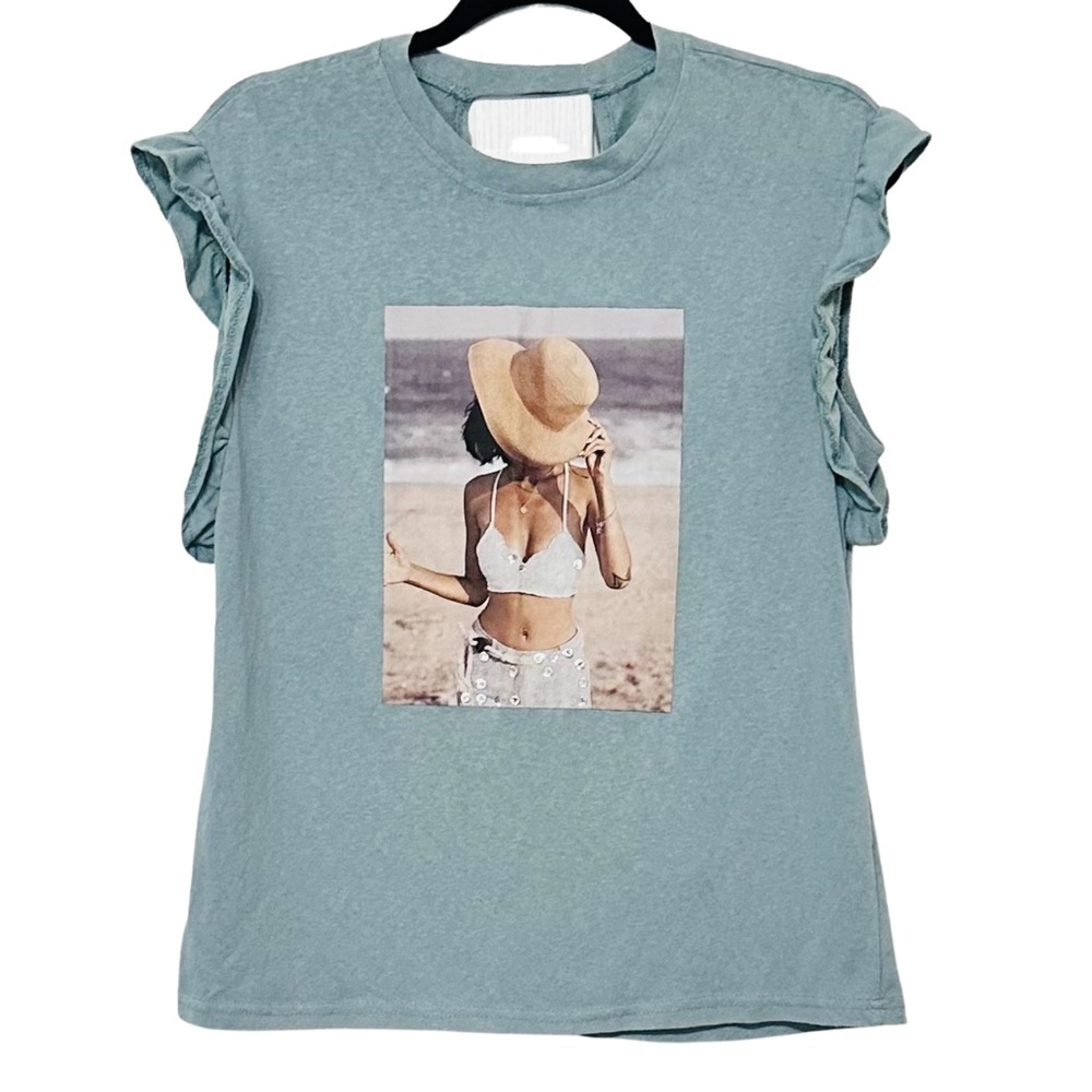 INBBA Ruffle Sleeve Graphic Tee Sz Small/Medium Blue Beach Photo Twist Back Top